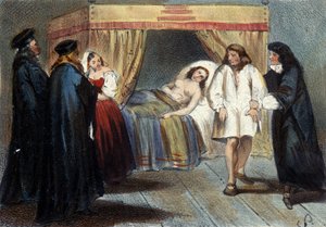 I. Vincent Gonzague (1562 - 1612), Mantua hercege férfiasságának próbájának epizódja François de Medici lányával, Eléonore-val 1584-ben kötött házassága miatt. A gyanú szerint nem voltak örökösei. századi litográfia. alkotó: Unknown artist