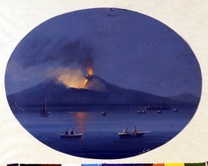 Az Etna éjszakai kitörése a tenger felől nézve Catania mellett. Névtelen festmény a 19. századból. alkotó: Unknown artist