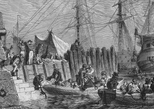 Flesringe evakuálása az angolok által 1802-ben: betegek beszállása – Henri Martin „Histoire de France” című könyvében, sd. 19. század. alkotó: Unknown artist
