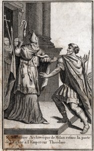 Kiközösítés: Milánói Szent Ambrus boltíve (Aurelius Ambrosius, Ambrogio di Milano (340-397) megtagadja a templomajtót I. Theodosius (Flavius Theodosius) (347-395) római császártól, hogy megbüntesse őt a szaloniki mészárlásért 390. Bevésés alkotó: Unknown artist