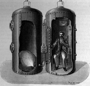 Paul Bert (1833-1886) fiziológus tapasztalata a légnyomással kapcsolatban: szuroxigén levegő belélegzése, a nyomás csökkentésével kitágul. Gravírozás: „” La Nature: revue des sciences et de leurs applications aux arts et a l
