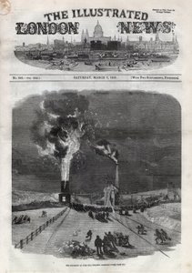 Robbanás történt a Lund Hill-i szénbányában (Lundhill) az angliai Barnsley-ben. Egy újság. Gravírozás a március 7-i „” The Illustrated London News”-ba alkotó: Unknown artist