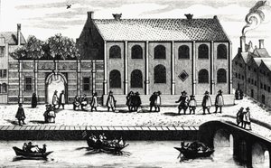 A Guillaume de Nassau által 1575-ben alapított Leideni Egyetem épületének külső képe. Metszet a „” Illustrium Hollandiae stb., Ordinum, Alma academia Leydensis” után alkotó: Unknown artist
