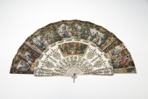 Legyező, 1860 körül, Nyomtatott és festett papír, gyöngyház, arany, ezüst és réz fémek és tükör, készítő ismeretlen alkotó: Unknown artist
