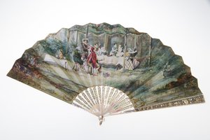 Legyező, 1870 körül, Nyomtatott és festett papír, gyöngyház, arany, ezüst és réz fémek és tükör, készítő ismeretlen alkotó: Unknown artist