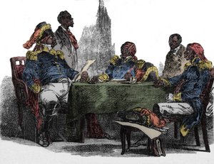 Faustin Soulouque (1782-1867) dit I. Faustin, Haiti császára 1847 és 1859 között, képviselve egy találkozón. Metszet az „Emporio picturesco” 1850-ből alkotó: Unknown artist
