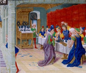 Ünnepi étkezési jelenet, egy páva kerül az asztalra. Miniatűr a „La Vraye Histoire du Bon Roy Alixandre”-ból, Kallisthenésztől vagy Kallisthenésztől (i.e. 360-328) alkotó: Unknown artist