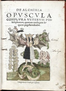 Koronás nő, kettős arccal, szörnyeteg állaton áll, amely csészével és kígyóval hadonászik - Cyriacus Jacob (felvonása) De Alchimia opvscvla complvra vetervm philosophorum (Alkímia műve az ókori filozófusok szerint) gyűjteményének frontképe alkotó: Unknown artist