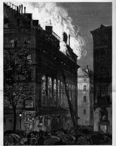 A párizsi Opera Comique (Opera-Comique) tüze a Rue Marivaux és a Boulevard des Italians felől nézve 1887. május 26-án. Metszet a „” Le monde illustrious”-ban” alkotó: Unknown artist