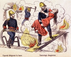 A tűzoltó egy fiatal nőt mentett ki a tűz lángjaiból. alkotó: Unknown artist