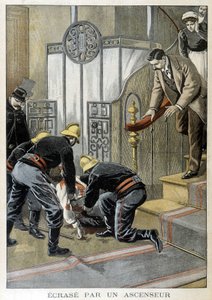 Egy embert mentő tűzoltók lezuhantak egy lifthez egy párizsi épületben. Az 1899-es „Kis Napló” illusztrációja. alkotó: Unknown artist