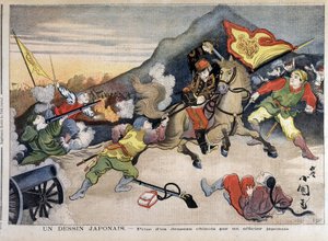 Első kínai-japán háború – kínai-japán háború: egy japán tiszt elvette a kínai zászlót – az 1894.10.29-i "Le Petit Journal"-ban (metszet) alkotó: Unknown artist