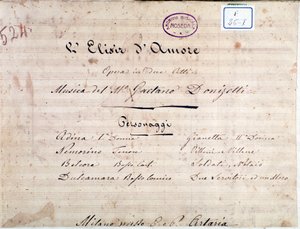 A szerelem elixírje, Gaetano Donizetti operájának kottájának első oldala alkotó: Unknown artist
