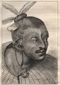 James Cook kapitány (1728-1779) első útja (1768-1771): egy neo-zelandais (Neo Zelandais) tetovált feje – az illusztráció a „18. századi nagy tengerészek” c. alkotó: Unknown artist
