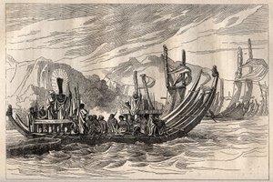 James Cook kapitány (1728-1779) első útja (1768-1771): a tahiti flotta Oparee-ban gyűlt össze – az illusztráció a „18. század nagy tengerészei” című könyvből vett. alkotó: Unknown artist