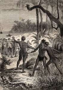 James Cook kapitány (1728-1779) első útja (1768-1771): míg Cook és tíz tengerész Új-Guinea déli partjain hajóznak, három indián nagy sikoltozással emelkedett ki az erdőből – az illusztráció a „The Great Mariners of the Great Mariners a 18. század”” alkotó: Unknown artist