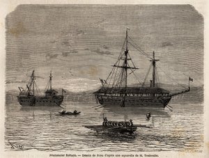 Francia Guyana úszó vezeklői, egy kolónia, amely a bíróságokat átvevők és a maradandó férfiak fogságába szállt. Metszet az 1862-1863-as francia guyanai utazás szemléltetésére, Frederic Bouyer, a fregatt kapitányától a „” Le tou”-ban alkotó: Unknown artist