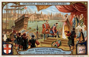 A középkor virágzó városai: Francis Drake (1542-1596) fogadása Londonban (Anglia), hazatérte Dél-Amerikából, április 4. alkotó: Unknown artist