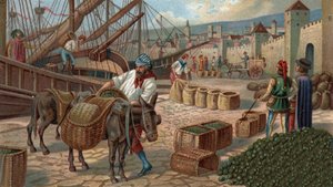 Egykori bevásárlóközpontok: fügeszállítás Marseille-be a középkorban. A 19. század végének kromolitográfiája alkotó: Unknown artist