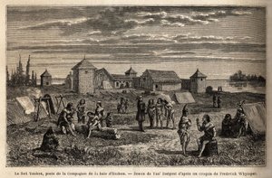 Az 1847-ben alapított Fort Youkon, a Norton-öbölben, Alaszkában, a Hudson Bay Company létesítménye, indiánok táboroztak a palánkok körül. Metszet az angol Kolumbiában, Vancouver-szigeten és Alaszkában való utazás és kalandok illusztrálására, Fredericktől alkotó: Unknown artist