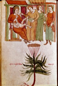Négy gyermeket gondozó nő, gyermekgondozással foglalkozó emberkereskedelem. (miniatűr, 13. század eleje) alkotó: Unknown artist