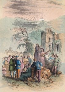 Franciaország a középkorban: Keress izgalmas embereket, akik részt vehetnek a keresztes hadjáratban. Metszet 1868-ból Theodore Juste (1818-1888) „Histoire de Belgique from primitive times to the end of the regne I. Lipót” című művében. Magángyűjtemény. alkotó: Unknown artist