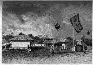 Franciaország Indokínában: francia katonai állomás Hue fellegvárában, Indokína fővárosában. Metszet a „Le journal de la jeunesse”-be alkotó: Unknown artist