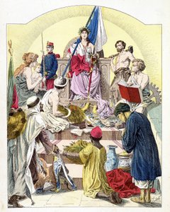 Franciaország, Marianne vonásai alatt, megszemélyesített kolóniáival körülvéve - a „Histoire de France”-ban, E. Grobet c. 1915 alkotó: Unknown artist