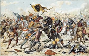 Francia-angol háború (1202-1214): a bouvines-i csata 1214. július 27-én Philippe Auguste francia hadserege és IV. Othon flamandjai és welfjei között. A francia győzelem meghatározó volt a háború kimenetelében. 19. század. Párizs, Musee de l