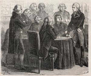 Francia forradalom: Louis Marie de Narbonne-Lara gróf (Narbonne Lara) (1755-1813) bemutatja terveit a közgyűlés bizottságaiban - Metszet „A jeles világba” alkotó: Unknown artist