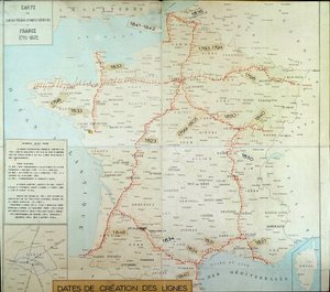 Francia földrajzi térkép, amely a légi távirati vonalakat mutatja. század eleje. Párizs, Musee de la Poste alkotó: Unknown artist