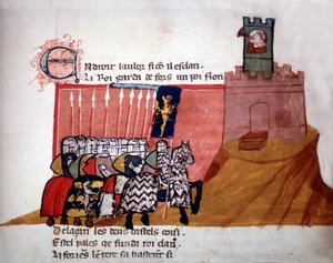 Francia lovagok érkeznek a kastély elé. 13. századi kézirat. alkotó: Unknown artist