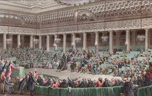 Francia forradalom – A Nemzetgyűlés lemond minden kiváltságáról, 1789. augusztus 4., vésette Helman – Assemblee – Nationale Abandonment de tous – les privileges, a Versailles, Seance de la – Nuit du 4 au 5 avril 1789 alkotó: Unknown artist