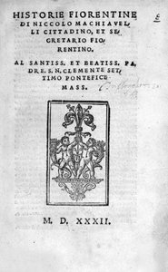 A "" Historie Fiorentine frontispice, Niccolo (Bernardo dei) Machiavelli (Nicolas Machiavel) alkotó: Unknown artist