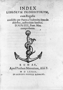 Az 1564-ben Rómában kiadott Index Librorum Prohibitorum (Tiltott Könyvek Index vagy Index Exurgatorius) frontispice. Felsorolja azokat a könyveket, amelyeket a római katolikusok nem olvashattak. alkotó: Unknown artist