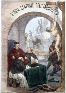 Pietro Tamburini The General History of the Inkvizíció címlapja a szimbolikus inkvizíció jeleneteit ábrázoló illusztrációval. Milánó 1850. alkotó: Unknown artist