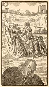 John Bunyan (1628-1688) A zarándokok előrehaladása e világból, az eljövendőbe című könyv második részéből készült frontkép, amely bemutatja a keresztények családjáról álmodozó szerzőt, feleségét, Christianát. alkotó: Unknown