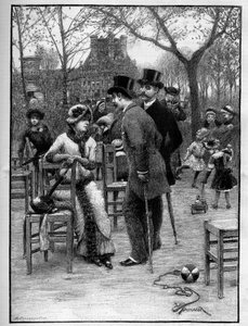 Galád beszélgetés két férfi és egy fiatal nő között, mindannyian nagyon elegánsak a párizsi Tuileriák kertjében a nyáron. Metszet a „” Le Monde Illustré”-ben alkotó: Unknown artist