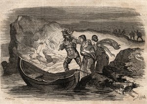 Gall háborúk, ie 58-51. Római győzelem a német törzsek felett Ariovistus vezetése alatt - Ariovistus kénytelen volt átkelni a Rajnán - Arioviste force de iron the Rhine - "" Dictionnaire populaire illustrious" metszet - 1864 - Joseph December és Edmond All alkotó: Unknown artist