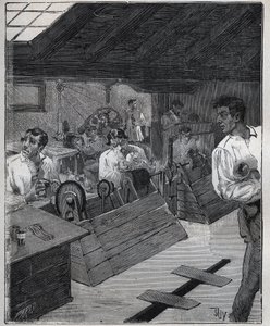Galvanikus aranyozás: arany ékszerek kaparó-boessage kaparó-boesse-val. Metszet 1885-ből Adolphe BITARD „Les arts et metiers illustres” című könyvében. alkotó: Unknown artist