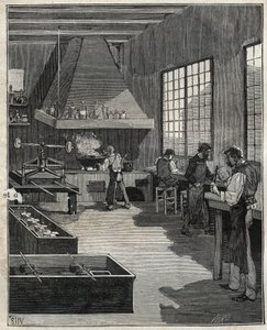 Galvanikus ötvös: öntőformák készítése. Metszet 1885-ből Adolphe BITARD „Les arts et metiers illustres” című könyvében. alkotó: Unknown artist