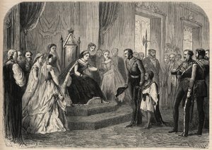Robert Cornelis (Cornelius) Napier tábornok (1810-1890) bemutatta Leul Alemayehou Tewodrost (1861-1879), az etióp negusz II. Theodoros (Tewodros) fiát Victoria Iere királynőnek (1819-1901). Metszet a „The Universe illustrious”-ba alkotó: Unknown artist