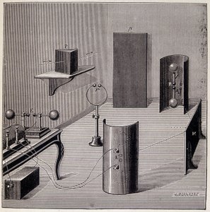 Heinrich Hertz (1857-1894) elektromos hullámokon végzett kísérleteinek általános elrendezése - Emile Desbeaux, Flammarion „Physique populaire” című könyvében alkotó: Unknown artist
