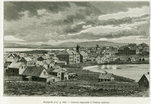 Reykjavik általános képe. Metszet a történet illusztrálására Nils Adolf Erik (Eric) báró Nordenskjold (Nordenskiold) (1832-1901) professzor új grönlandi expedíciója, Charles Rabot, a tour du monde 1886-ban, Edouard Char irányításával. alkotó: Unknown artist