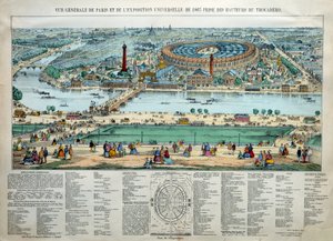 Az 1867-es párizsi világkiállítás általános képe. Alul: a Champ de Mars katonai iskola parkja. Metszet Párizs, Musee Carnavalet alkotó: Unknown artist