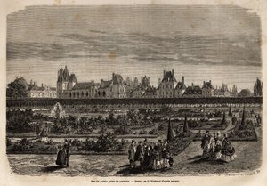 A Fontainebleau-i palota és kertek általános nézete a padlóról. Metszet a fontainebleau-i kastély és erdő leírásának illusztrálására, 1867-ben, M. Pays által, a „Le tour du monde, nouveau Journal des voyages” című kiadványban, amely a dire alatt jelent meg alkotó: Unknown artist