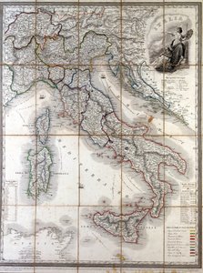 Olaszország 1850-es földrajzi térképe az országot alkotó különböző államok határainak lehatárolásával a Risorgimento előtt. alkotó: Unknown artist