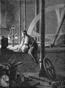 Georges Stephenson, egy sofőr munkás Newcastle-ben szétszereli és megjavítja a gőzgépét. In” Album de la Science”, Éditions Jouvet alkotó: Unknown artist
