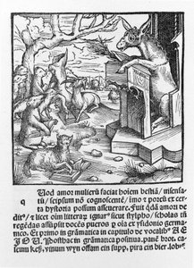 Német kérlelhetetlen, amely egy szamarat ábrázol, aki erdei állatokat tanít. 1490. alkotó: Unknown artist