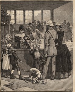 Üvegművészet: turisták, akik egy üveggyárban fújt gyöngyöt vásárolnak Velencében, Olaszországban. Metszet 1885-ből Adolphe BITARD „Les arts et metiers illustres” című könyvében. alkotó: Unknown artist